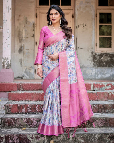 White and Pink Floral Digital Print Banarasi Silk Saree with Zari Weave and Tassel-Embellished Pallu BANARASI PRINTED