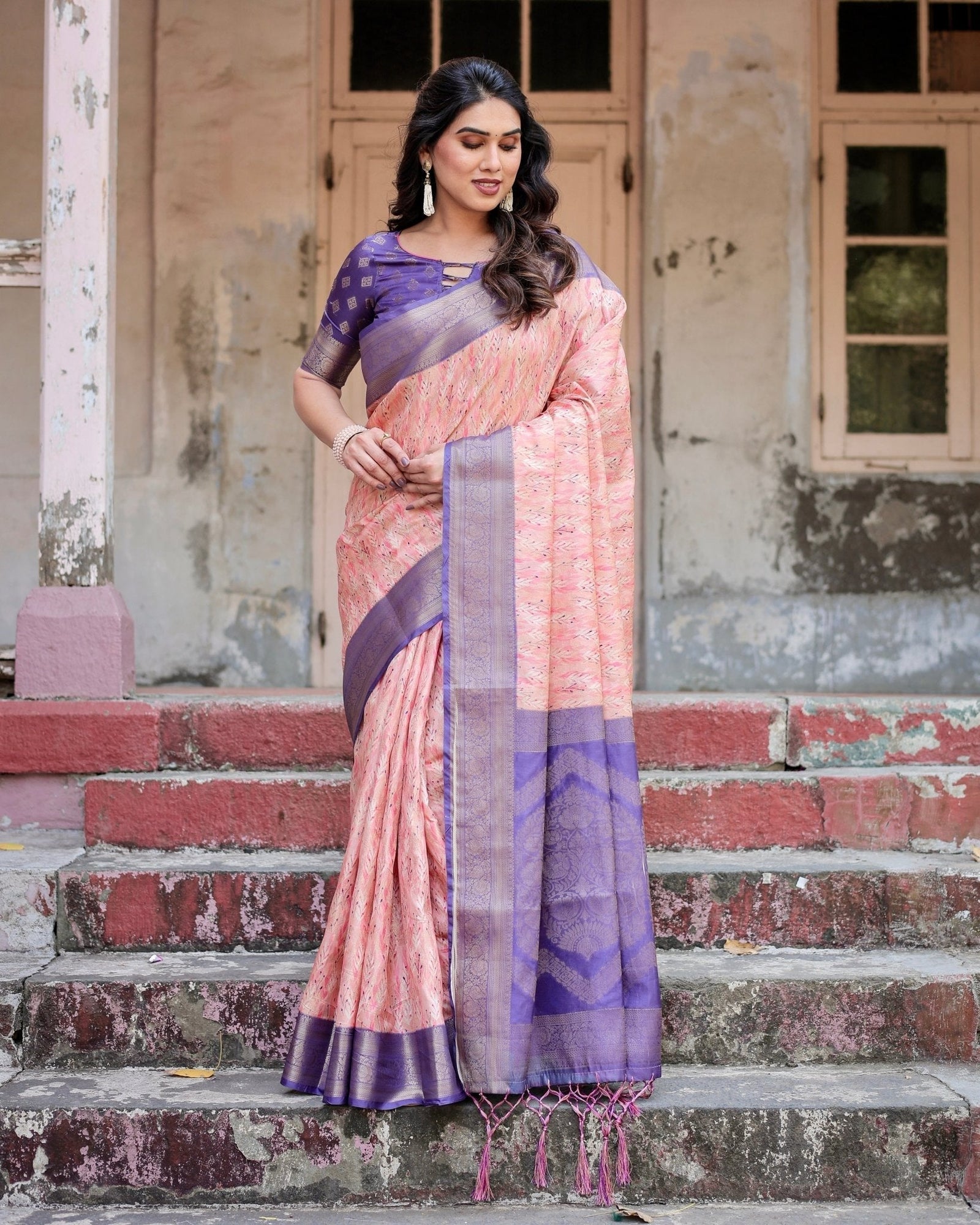 Peach and Purple Floral Digital Print Banarasi Silk Saree with Zari Weave and Tassel-Adorned Pallu BANARASI PRINTED