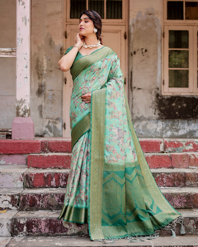 Graceful Green Banarasi Silk Saree with Intricate Floral and Elephant Weaves BANARASI PRINTED