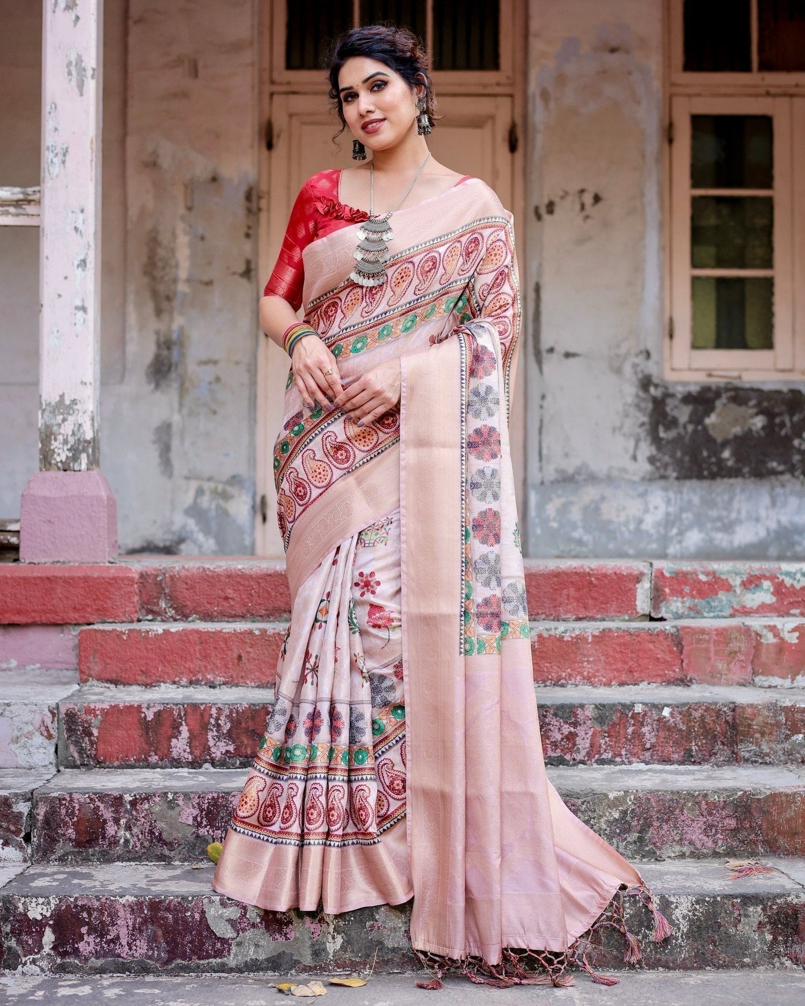 Peach Banarasi Silk Saree with Intricate Paisley and Floral Design BANARASI PRINTED