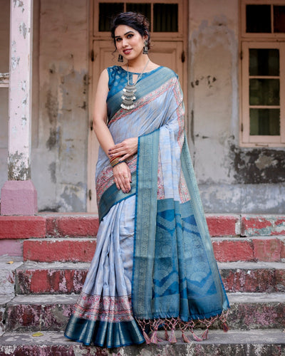 Elegant Blue and Beige Banarasi Silk Saree with Ornate Zari Weaving and Tassels BANARASI PRINTED