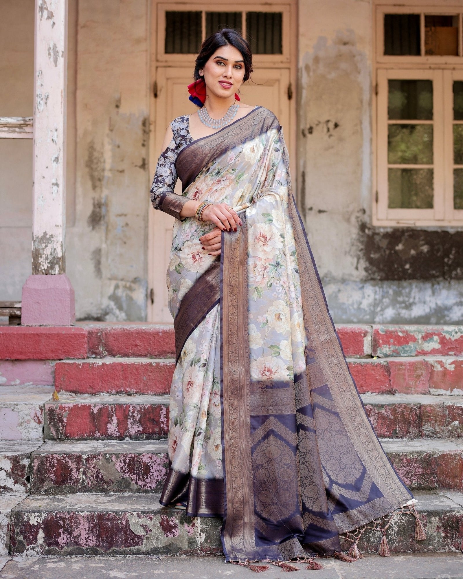 Elegant Gray Banarasi Silk Saree with Navy Blue Zari Weave, Floral Design, and Tassels BANARASI PRINTED