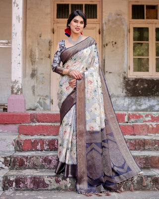 Elegant Gray Banarasi Silk Saree with Navy Blue Zari Weave, Floral Design, and Tassels BANARASI PRINTED