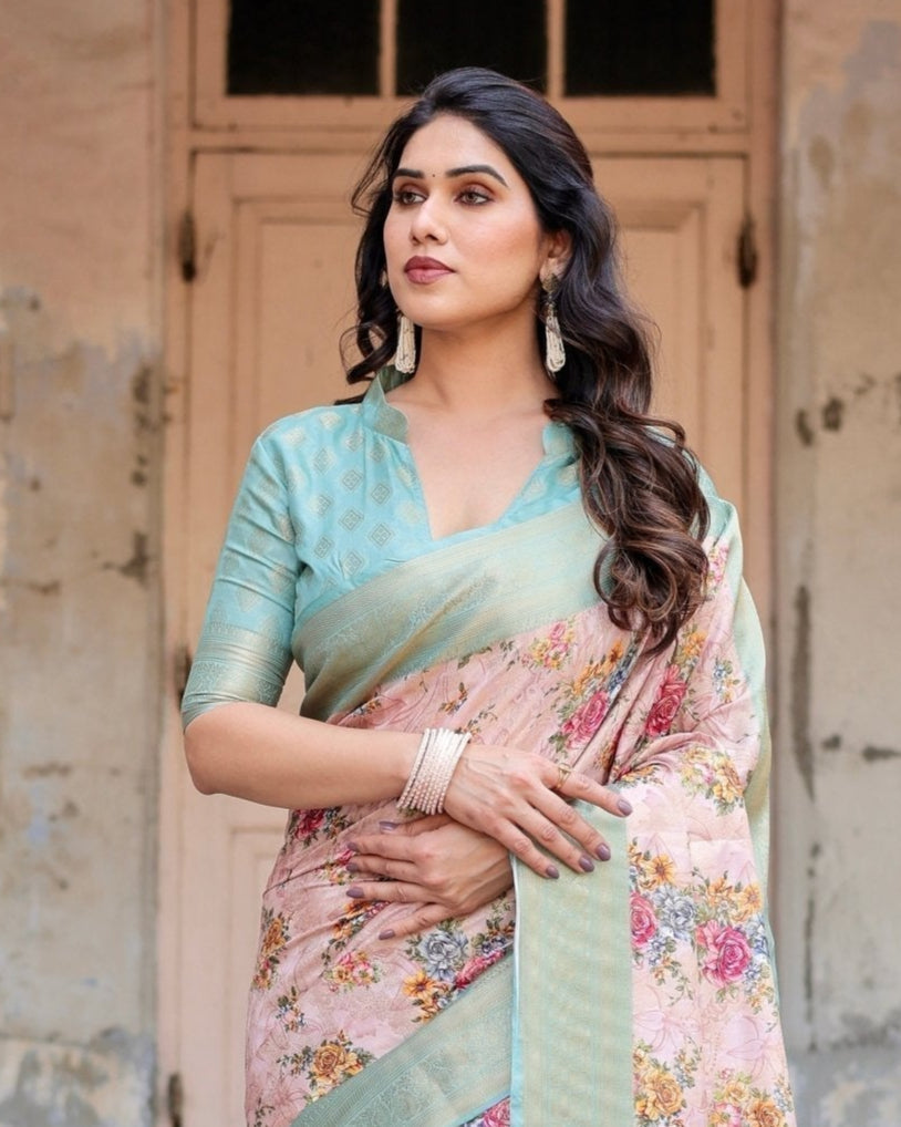 Pink and Green Floral Digital Print Banarasi Silk Saree with Zari Weave and Tassel Pallu BANARASI PRINTED