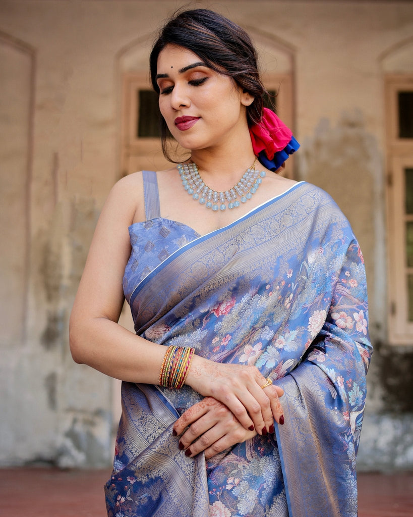 Majestic Blue Banarasi Silk Saree with Delicate Floral Zari Work and Tassel-Embellished Pallu BANARASI PRINTED