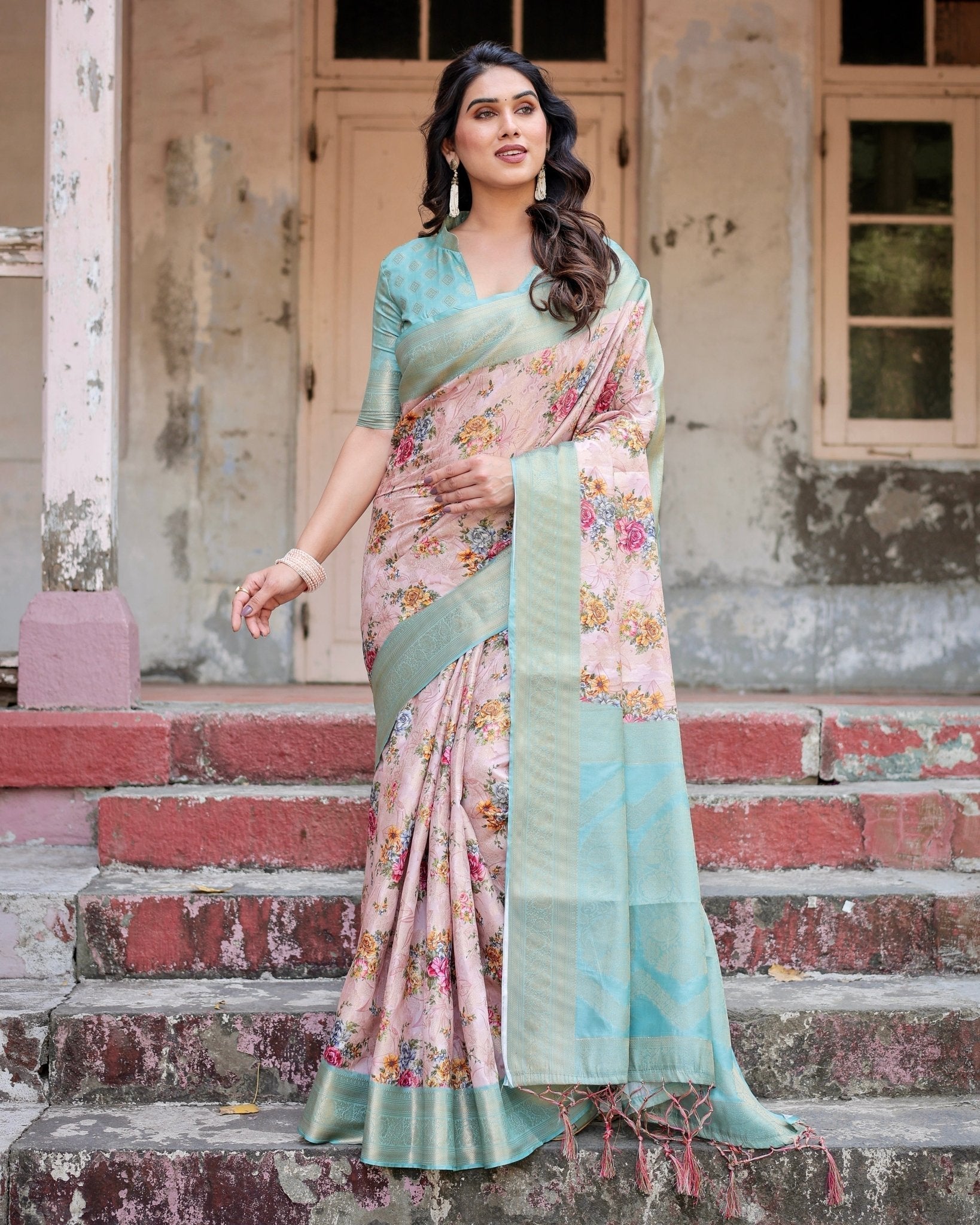 Pink and Green Floral Digital Print Banarasi Silk Saree with Zari Weave and Tassel Pallu BANARASI PRINTED