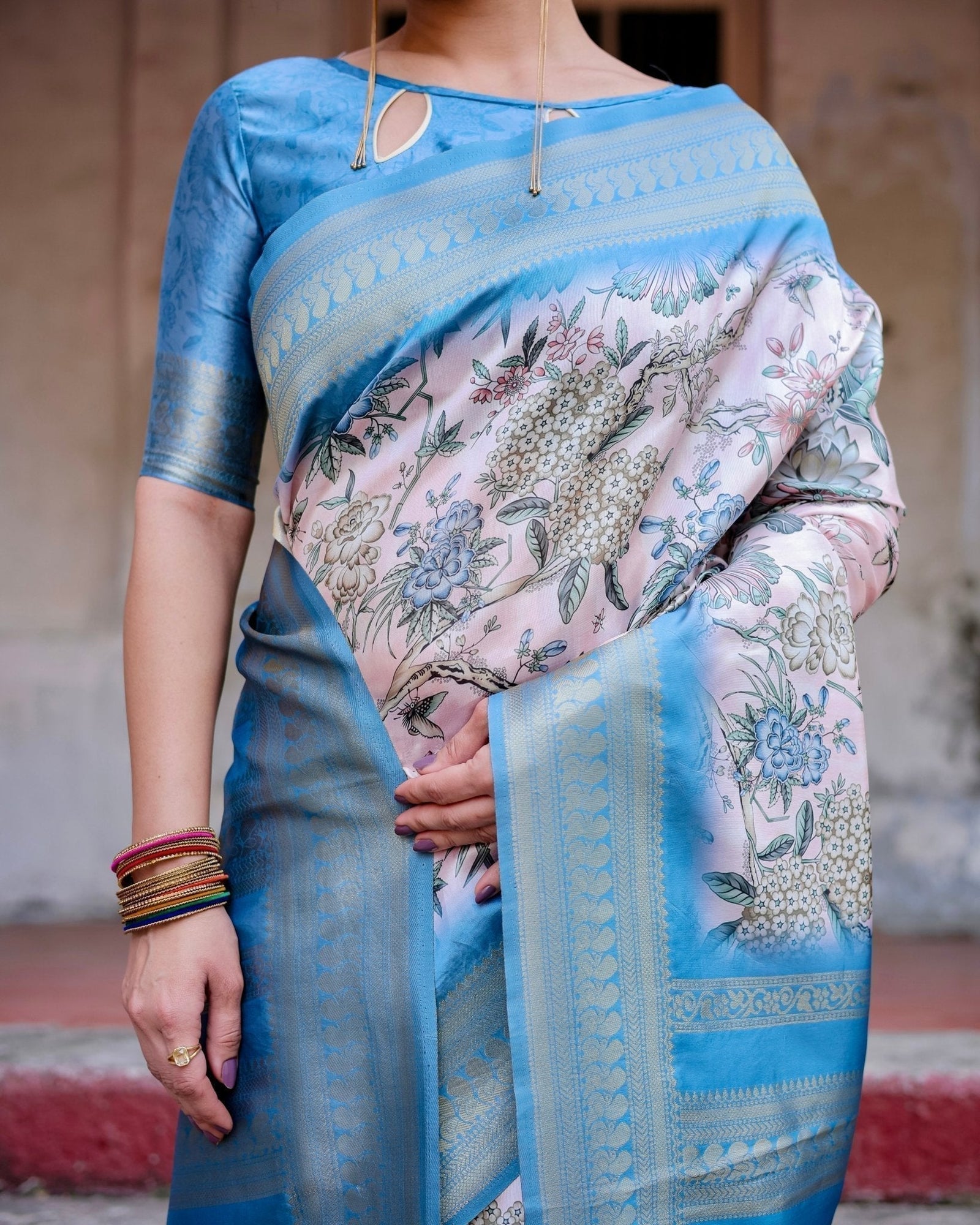 Elegant Floral Banarasi Silk Saree in Sky Blue and Blush Pink with Zari Weave and Tassels BANARASI PRINTED