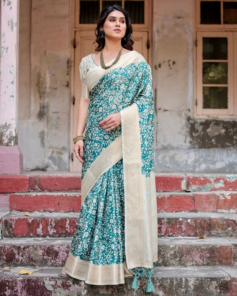 Teal and Cream Floral Banarasi Silk Saree with Zari Weave and Tassel-Accented Pallu BANARASI PRINTED