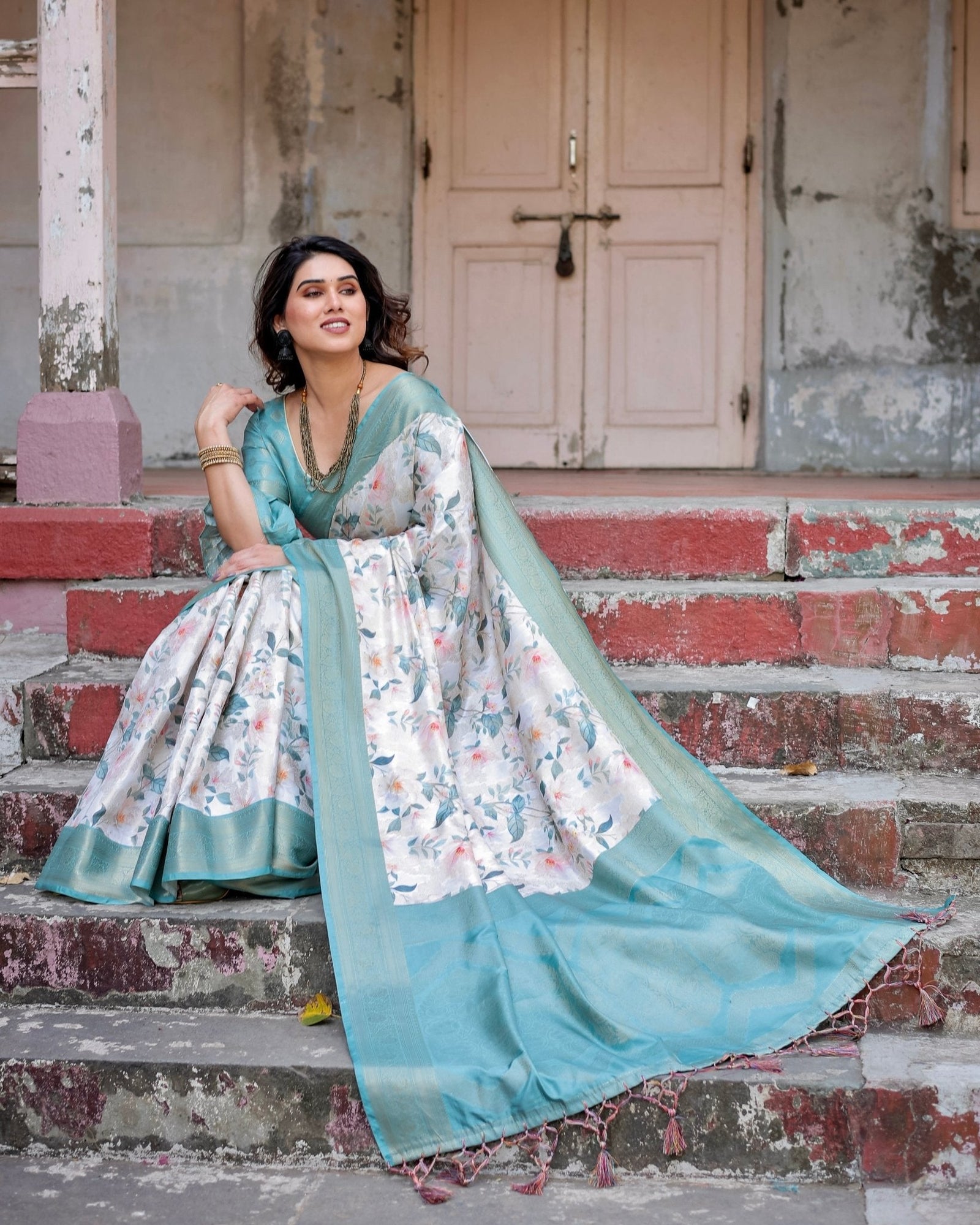 White and Aqua Floral Digital Print Banarasi Silk Saree with Zari Weave and Tassel-Adorned Pallu BANARASI PRINTED