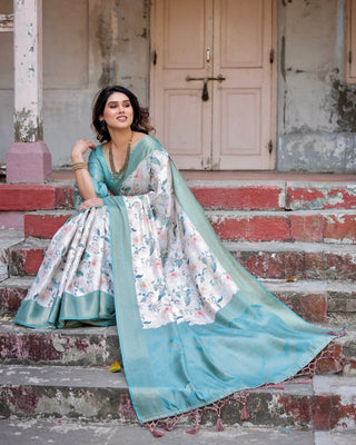 White and Aqua Floral Digital Print Banarasi Silk Saree with Zari Weave and Tassel-Adorned Pallu BANARASI PRINTED