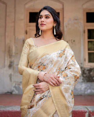 Ivory and Gold Banarasi Silk Saree with Floral Print, Zari Border, and Tassels BANARASI PRINTED