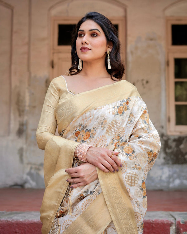 Ivory and Gold Banarasi Silk Saree with Floral Print, Zari Border, and Tassels BANARASI PRINTED