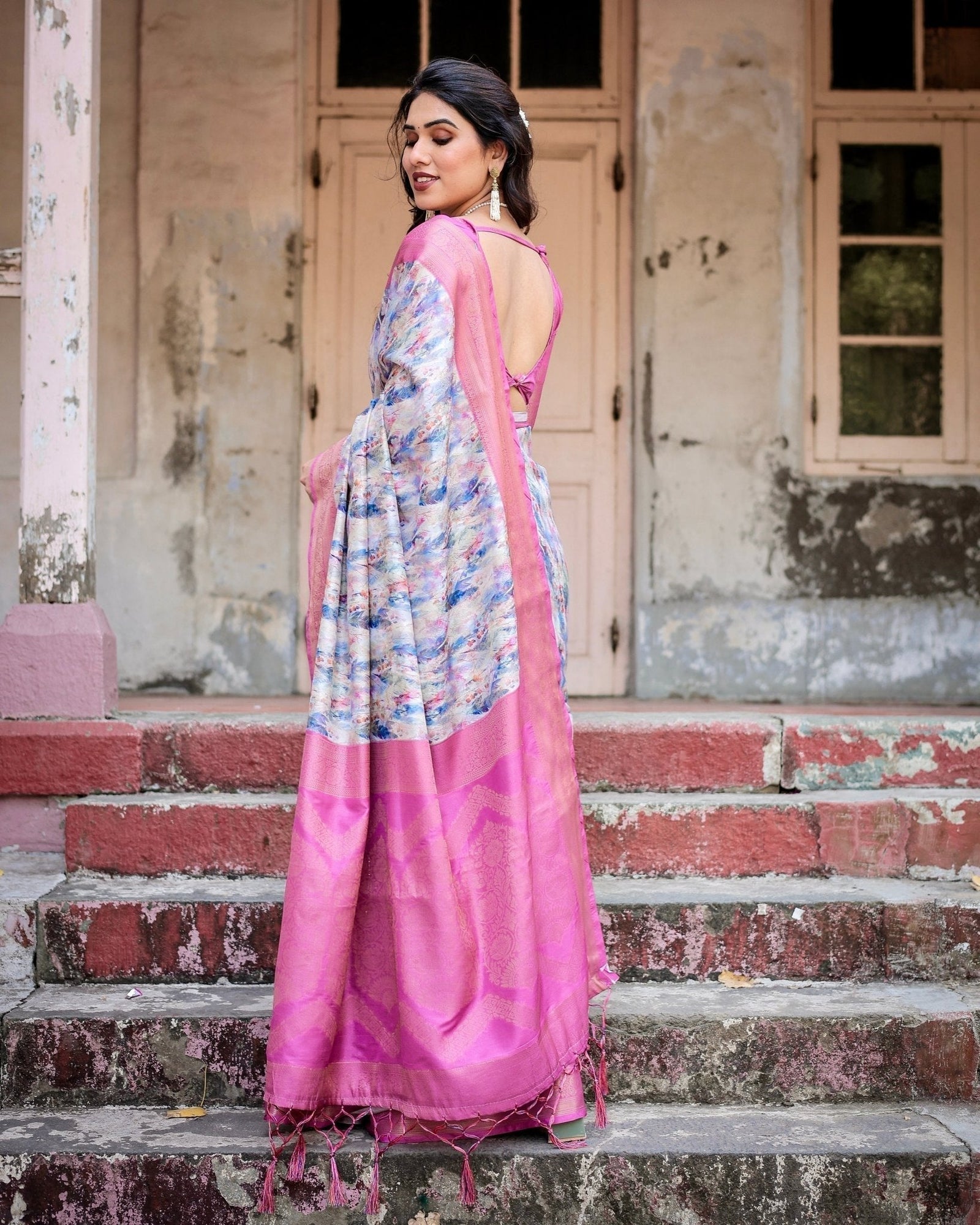 White and Pink Floral Digital Print Banarasi Silk Saree with Zari Weave and Tassel-Embellished Pallu BANARASI PRINTED