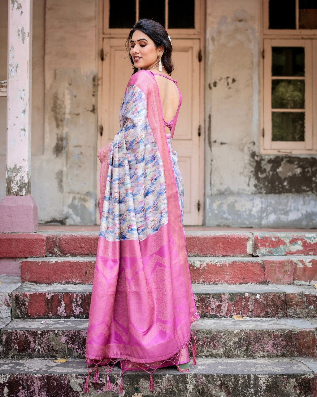 White and Pink Floral Digital Print Banarasi Silk Saree with Zari Weave and Tassel-Embellished Pallu BANARASI PRINTED