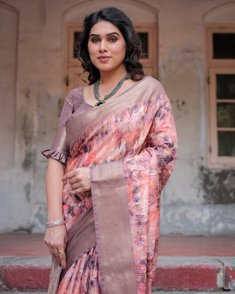 Peach and Brown Abstract Design Banarasi Silk Saree with Zari Weave and Tassel-Embellished Pallu BANARASI PRINTED