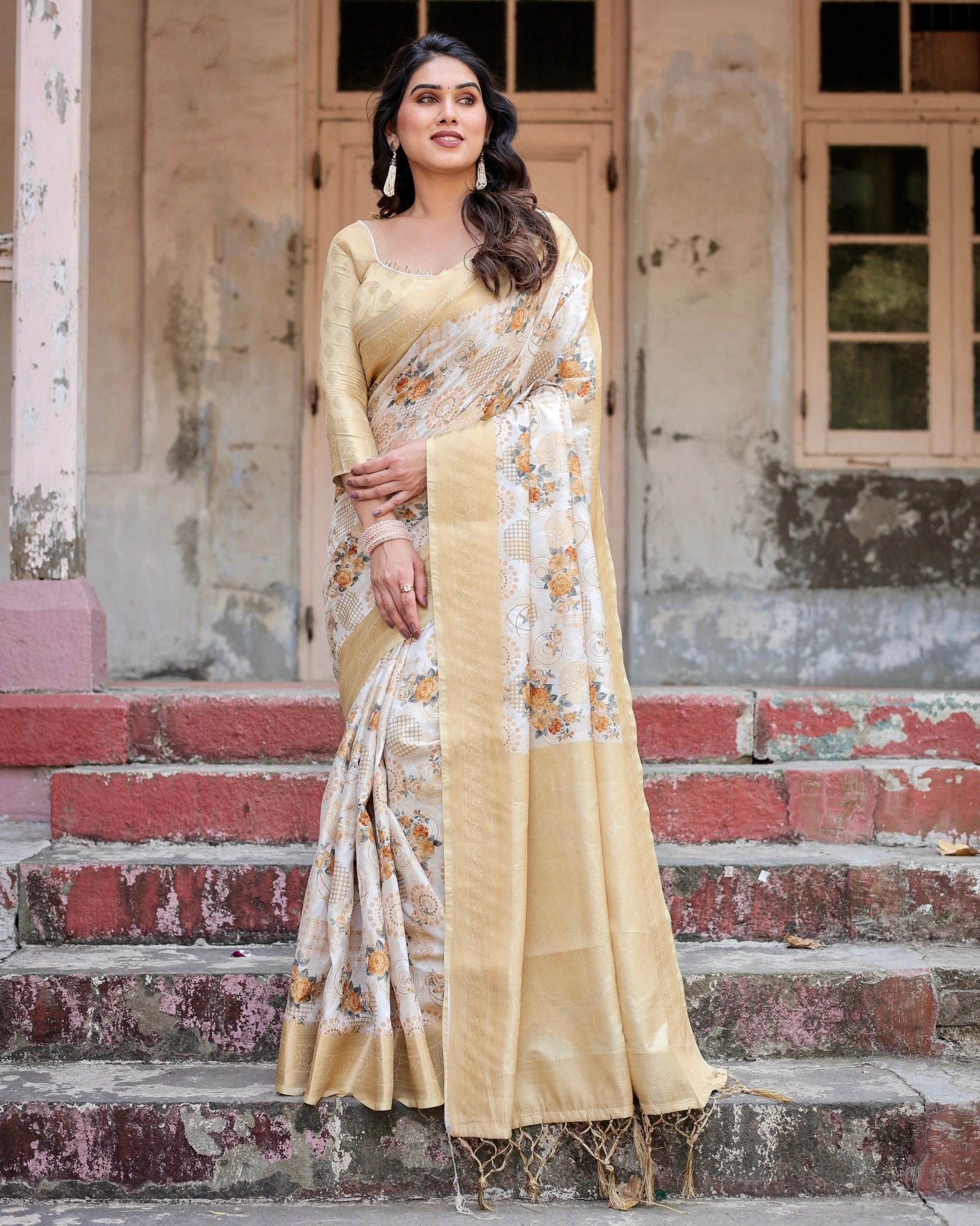 Ivory and Gold Banarasi Silk Saree with Floral Print, Zari Border, and Tassels BANARASI PRINTED Main image