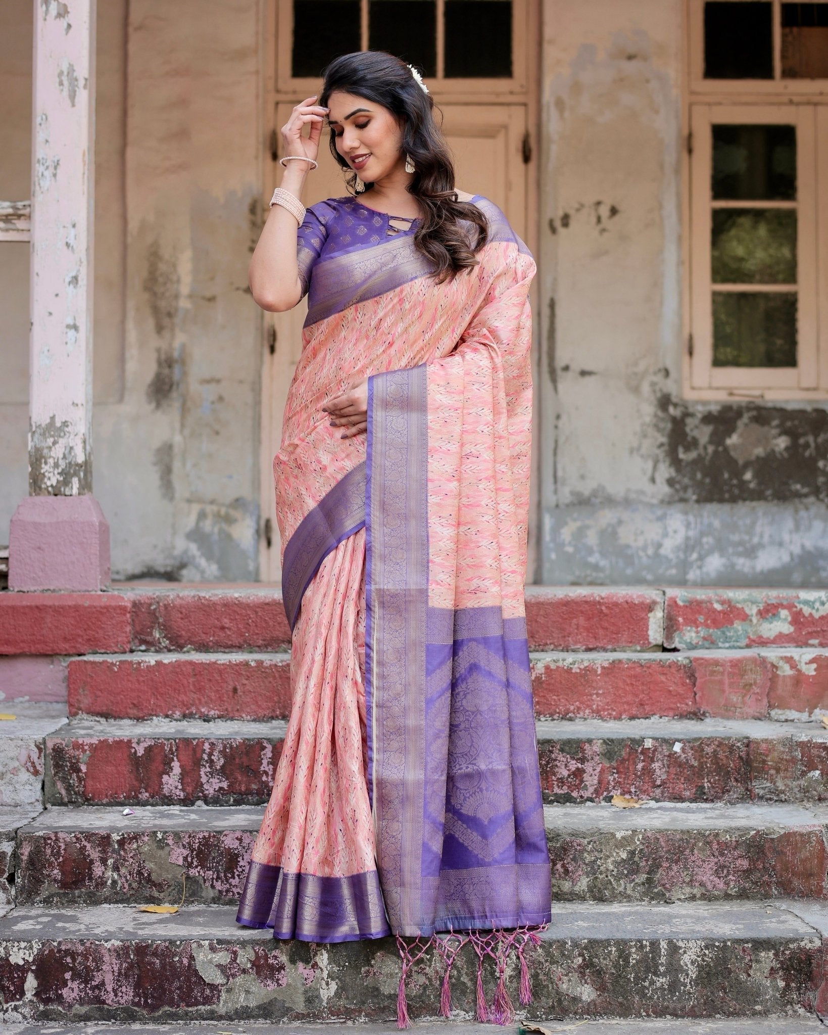 Peach and Purple Floral Digital Print Banarasi Silk Saree with Zari Weave and Tassel-Adorned Pallu Secondary image