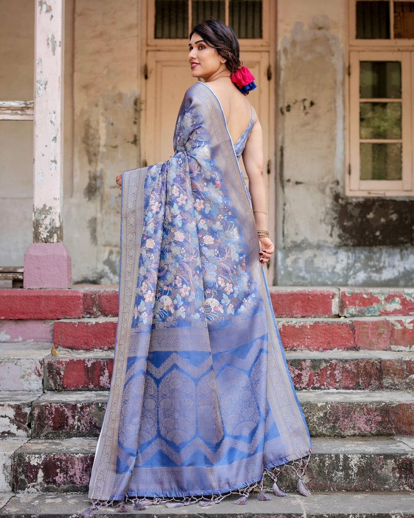 Majestic Blue Banarasi Silk Saree with Delicate Floral Zari Work and Tassel-Embellished Pallu BANARASI PRINTED