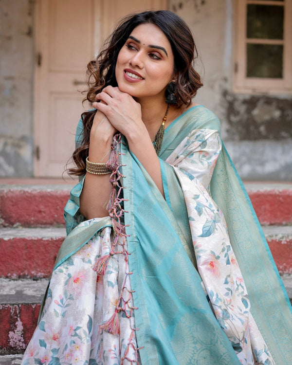 White and Aqua Floral Digital Print Banarasi Silk Saree with Zari Weave and Tassel-Adorned Pallu BANARASI PRINTED