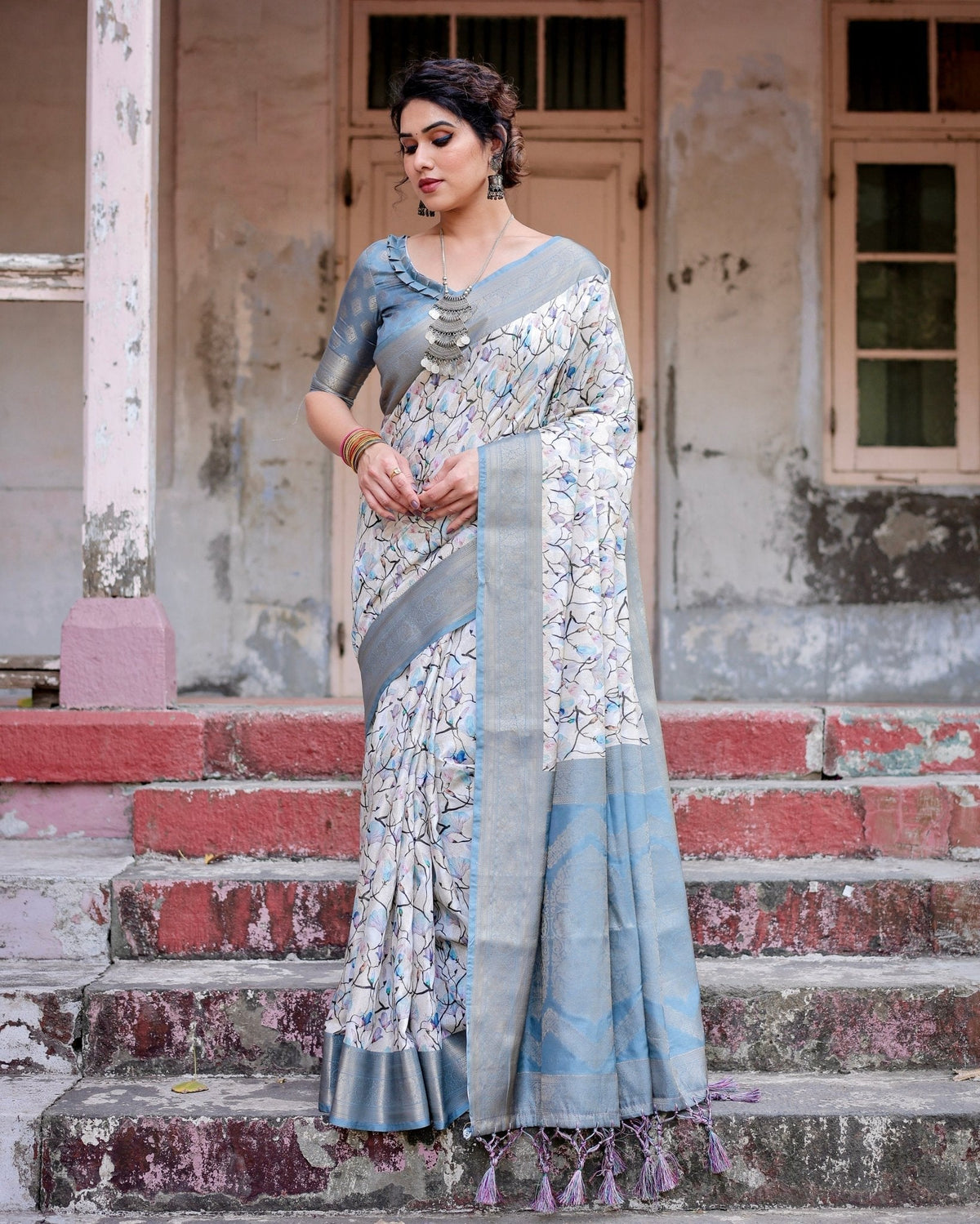 Elegant Light Blue Banarasi Silk Saree with Floral Design and Zari Weaved Pallu BANARASI PRINTED Main image