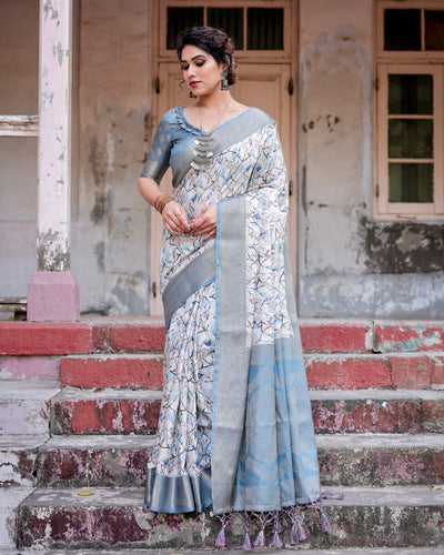 Elegant Light Blue Banarasi Silk Saree with Floral Design and Zari Weaved Pallu BANARASI PRINTED