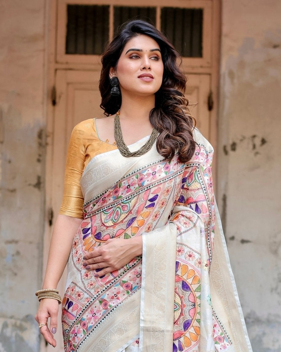Off-White and Multicolor Mandala Design Banarasi Silk Saree with Zari Weave and Tassel-Adorned Pallu BANARASI PRINTED