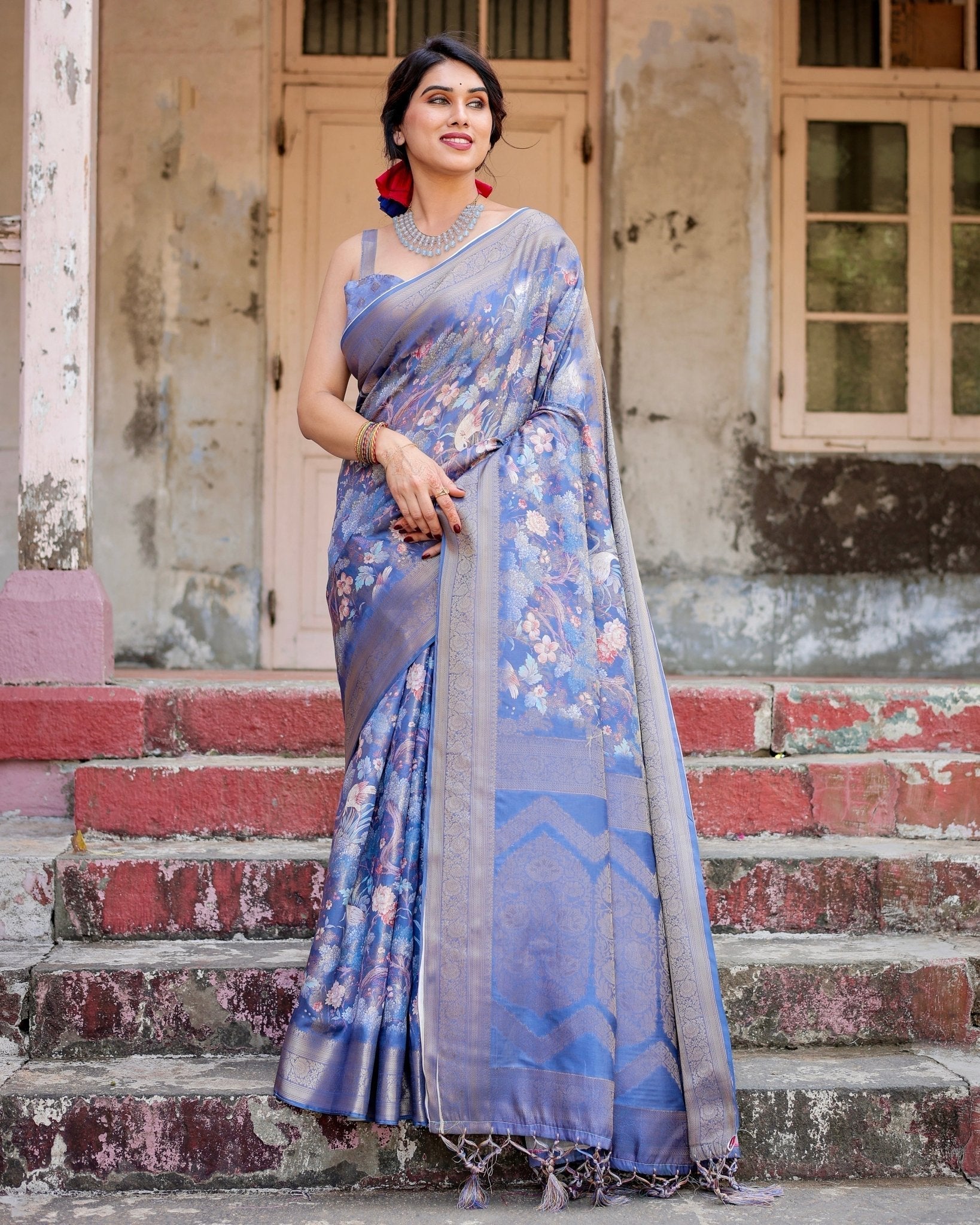 Majestic Blue Banarasi Silk Saree with Delicate Floral Zari Work and Tassel-Embellished Pallu Secondary image