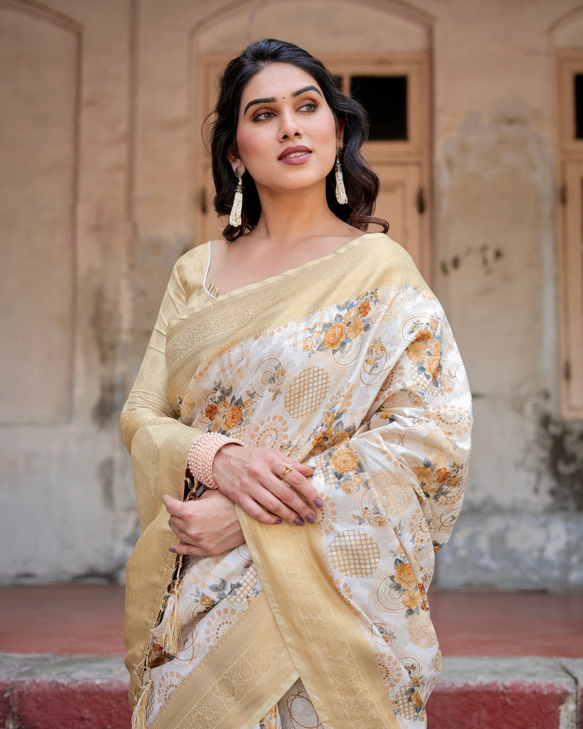 Ivory and Gold Banarasi Silk Saree with Floral Print, Zari Border, and Tassels BANARASI PRINTED