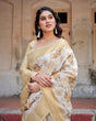 Load image into Gallery viewer, Ivory and Gold Banarasi Silk Saree with Floral Print, Zari Border, and Tassels BANARASI PRINTED