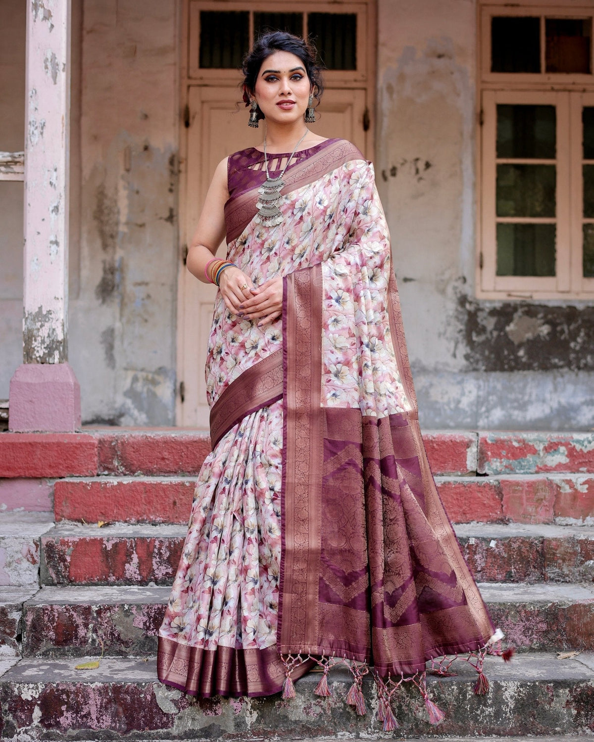 Elegant Wine Floral Banarasi Silk Saree with Zari Weave and Tassels BANARASI PRINTED Main image