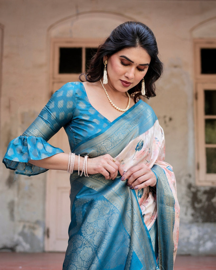 Peach and Teal Floral Digital Print Banarasi Silk Saree with Zari Weave and Tassel-Adorned Pallu BANARASI PRINTED