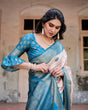 Load image into Gallery viewer, Peach and Teal Floral Digital Print Banarasi Silk Saree with Zari Weave and Tassel-Adorned Pallu BANARASI PRINTED