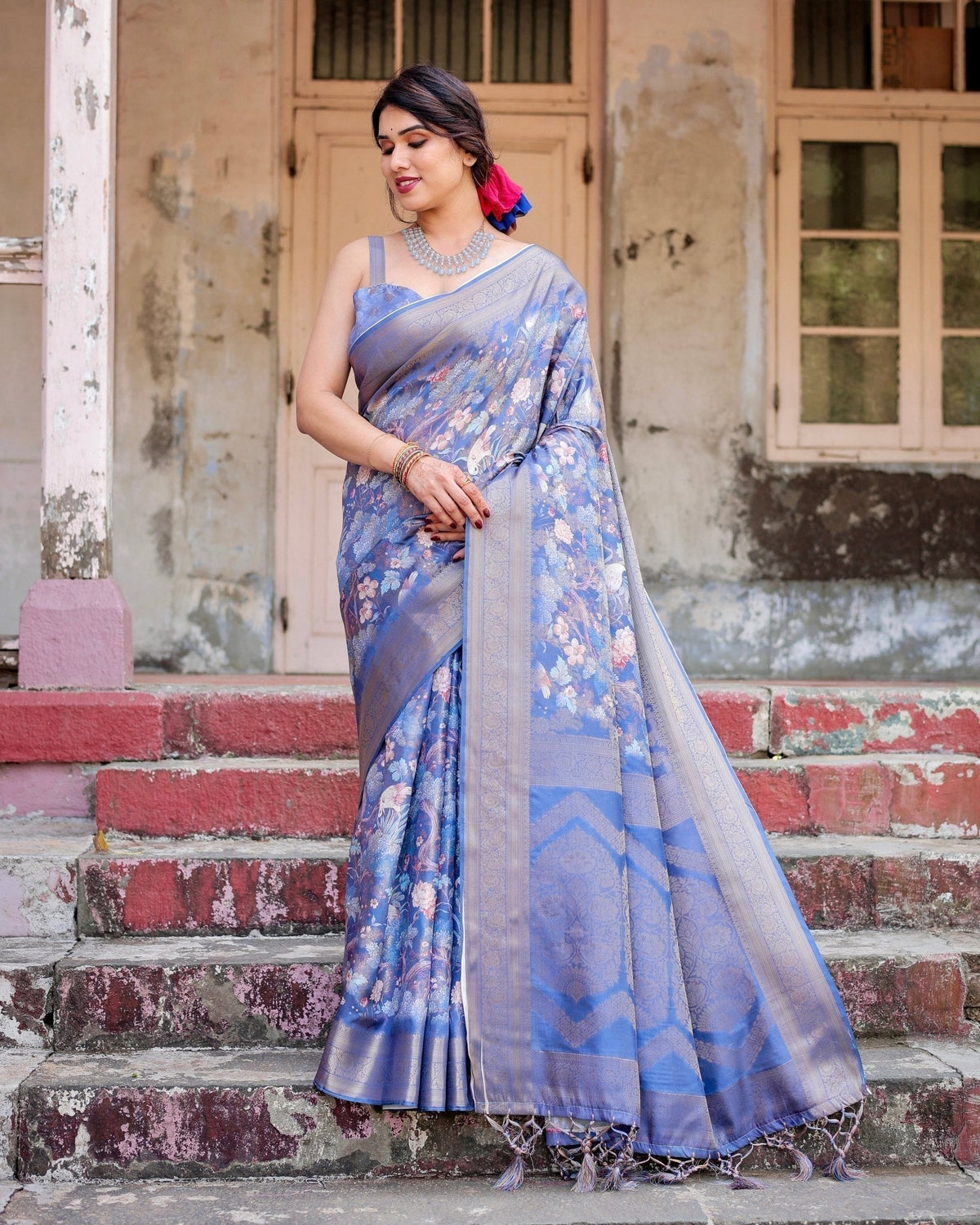 Majestic Blue Banarasi Silk Saree with Delicate Floral Zari Work and Tassel-Embellished Pallu BANARASI PRINTED Main image