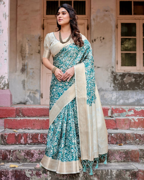 Teal and Cream Floral Banarasi Silk Saree with Zari Weave and Tassel-Accented Pallu BANARASI PRINTED