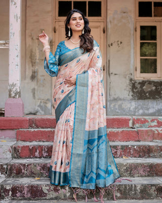 Peach and Teal Floral Digital Print Banarasi Silk Saree with Zari Weave and Tassel-Adorned Pallu BANARASI PRINTED