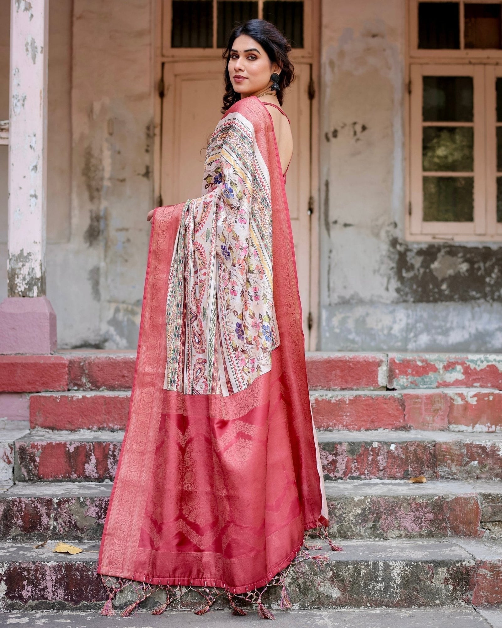Red and Multicolor Digital Print Banarasi Silk Saree with Zari Weave and Tassel-Adorned Pallu BANARASI PRINTED