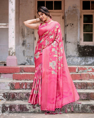 Regal Pink Banarasi Silk Saree with Zari Weave and Intricate Tassels BANARASI PRINTED