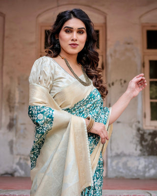 Teal and Cream Floral Banarasi Silk Saree with Zari Weave and Tassel-Accented Pallu BANARASI PRINTED
