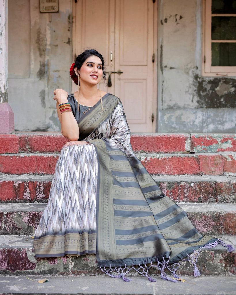 Elegant Banarasi Silk Saree with Zari Weaving and Tassels in Shades of Grey and Black BANARASI PRINTED