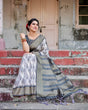 Load image into Gallery viewer, Elegant Banarasi Silk Saree with Zari Weaving and Tassels in Shades of Grey and Black BANARASI PRINTED