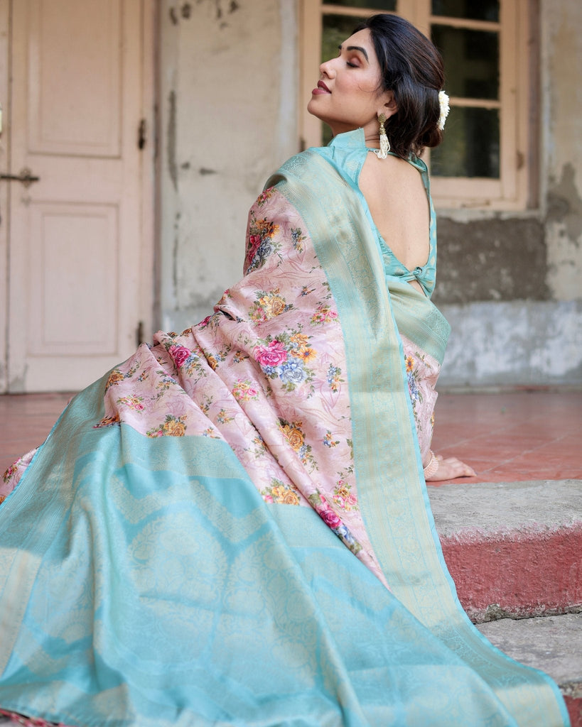 Pink and Green Floral Digital Print Banarasi Silk Saree with Zari Weave and Tassel Pallu BANARASI PRINTED