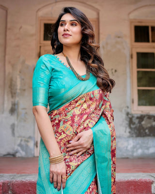 Maroon and Teal Paisley Design Banarasi Silk Saree with Zari Weave and Tassel-Embellished Pallu BANARASI PRINTED