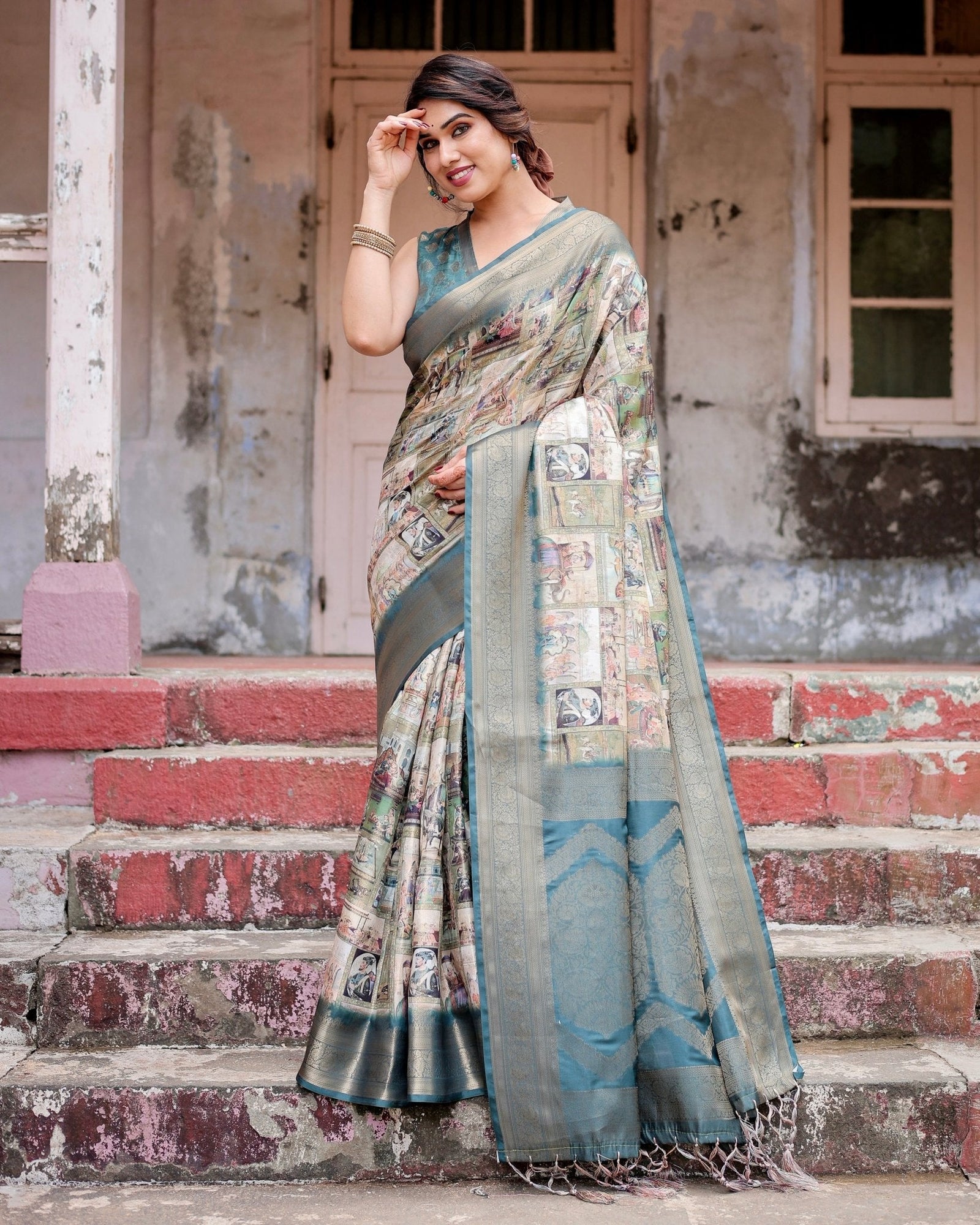 Graceful Teal Banarasi Silk Saree with Digital Vintage Prints and Zari Weaving BANARASI PRINTED