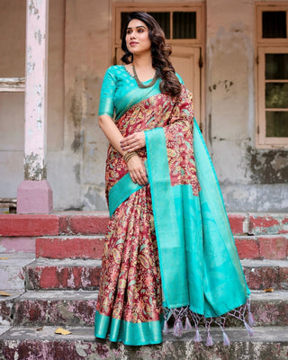 Maroon and Teal Paisley Design Banarasi Silk Saree with Zari Weave and Tassel-Embellished Pallu BANARASI PRINTED