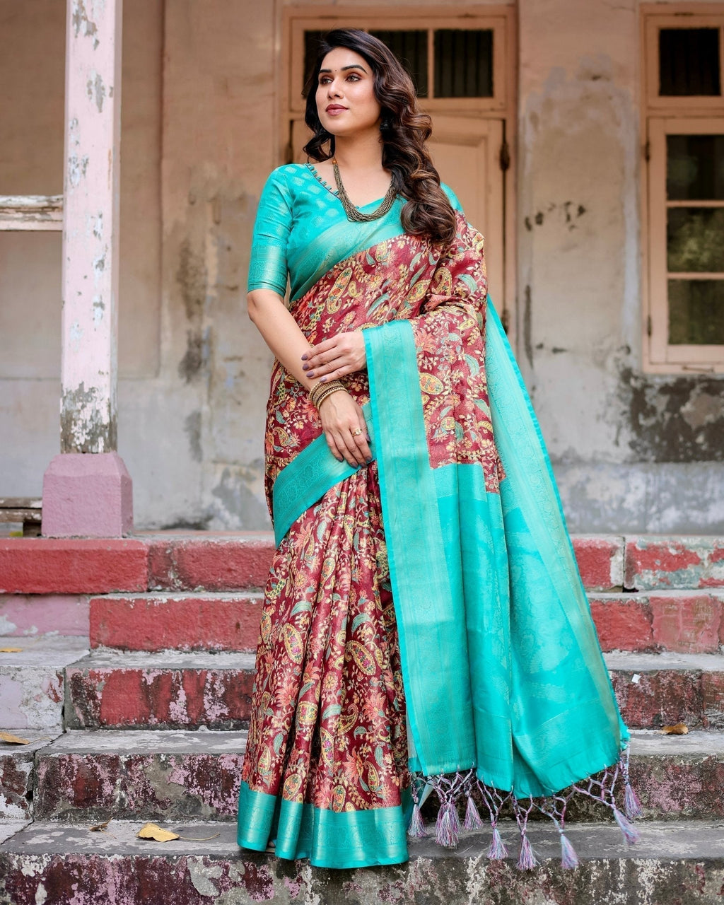 Maroon and Teal Paisley Design Banarasi Silk Saree with Zari Weave and Tassel-Embellished Pallu BANARASI PRINTED