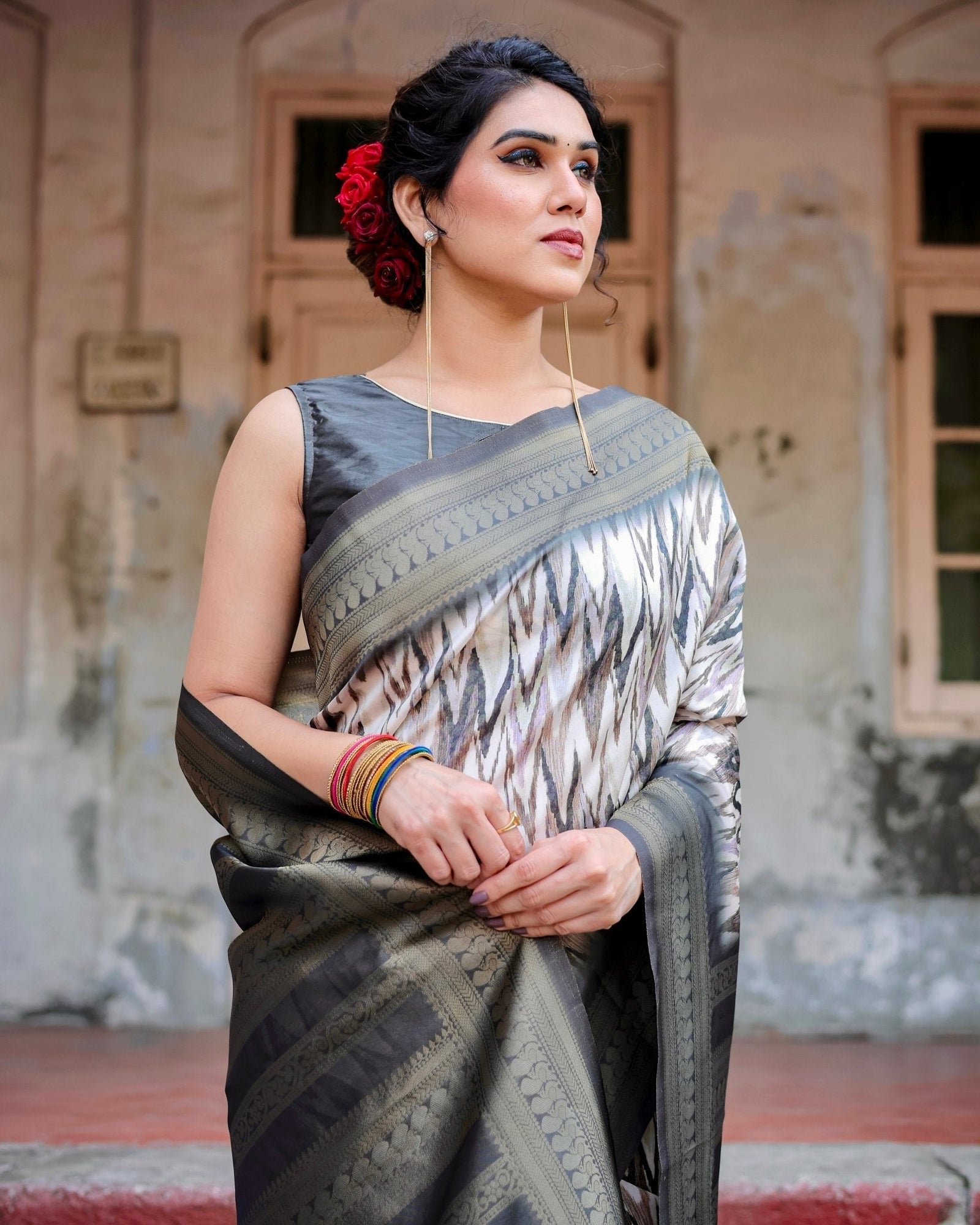 Elegant Banarasi Silk Saree with Zari Weaving and Tassels in Shades of Grey and Black BANARASI PRINTED