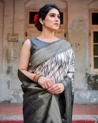 Elegant Banarasi Silk Saree with Zari Weaving and Tassels in Shades of Grey and Black BANARASI PRINTED