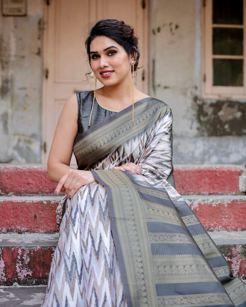 Elegant Banarasi Silk Saree with Zari Weaving and Tassels in Shades of Grey and Black BANARASI PRINTED