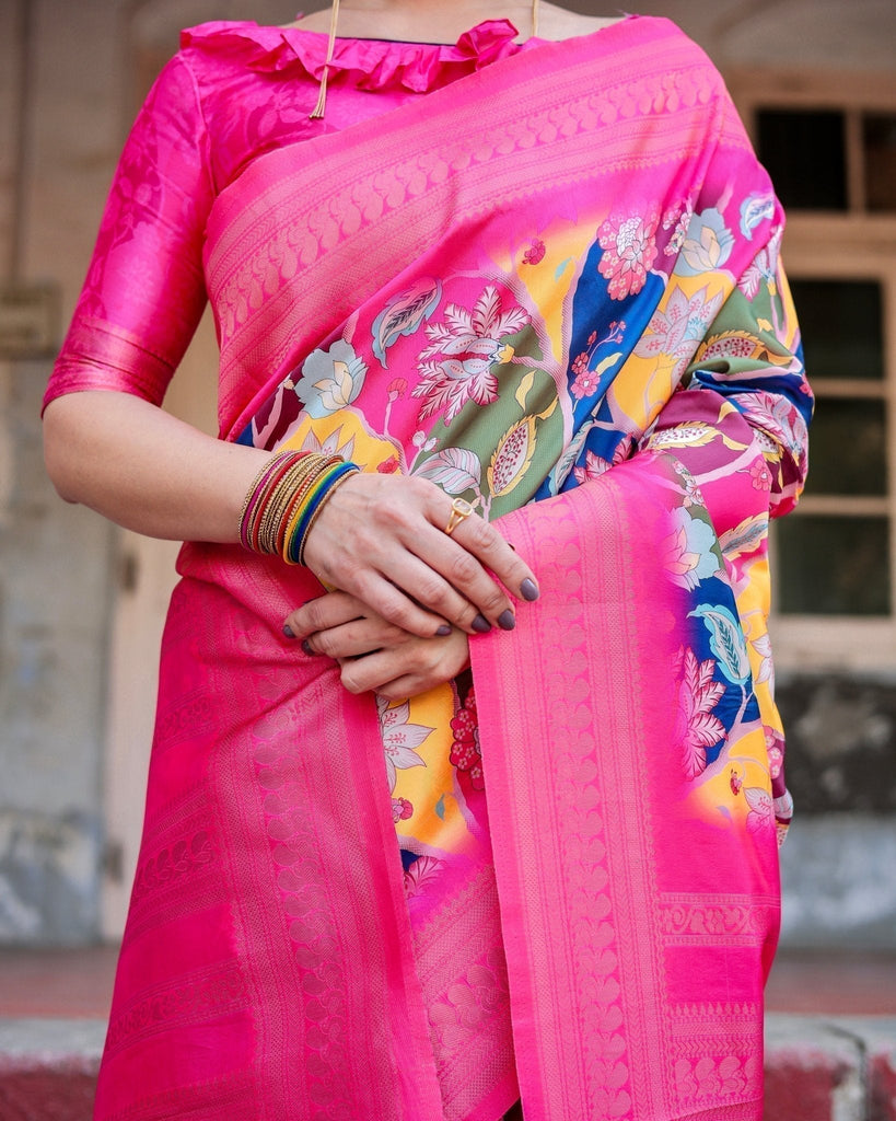 Hot Pink Multicolor Floral Digital Printed Banarasi Silk Saree with Zari Woven Border and Solid Pink Pallu - Includes Tassels BANARASI PRINTED