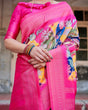 Load image into Gallery viewer, Hot Pink Multicolor Floral Digital Printed Banarasi Silk Saree with Zari Woven Border and Solid Pink Pallu - Includes Tassels BANARASI PRINTED
